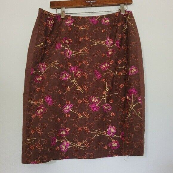 Grace Dane Lewis Womens Silk Linen Embroidered Mini Skirt Size 8 Y2K Brown Multi - Picture 7 of 10